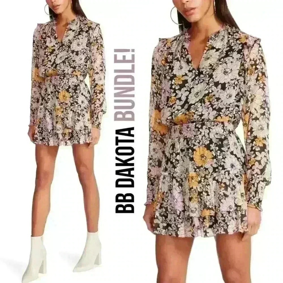 NWT BB DAKOTA  Mini Flounce Chiffon Skirt & Blouse in Multi-Color Floral - Picture 1 of 16